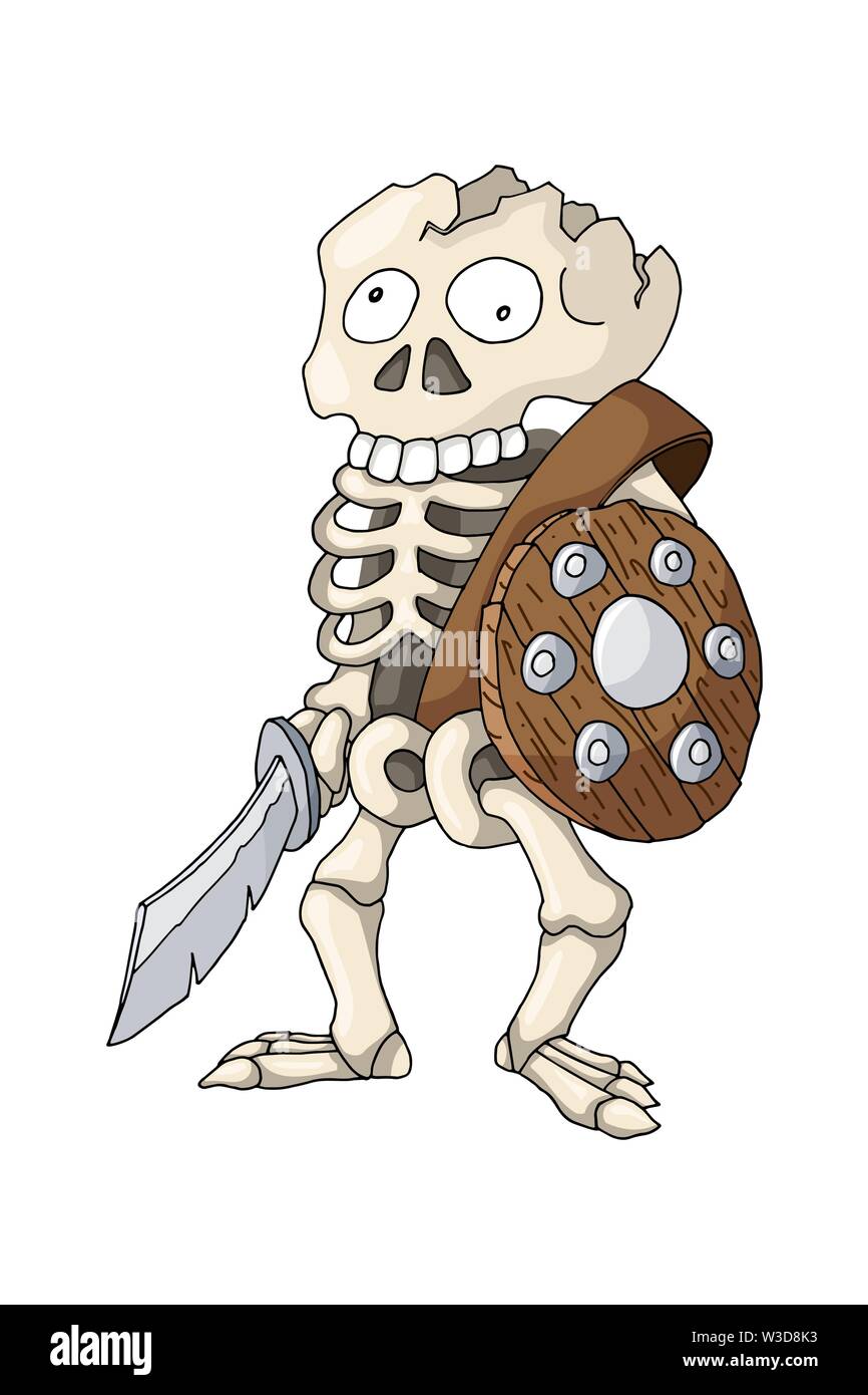 Squelette humain permanent guerrier avec épée et Bouclier, personnage Illustration de Vecteur