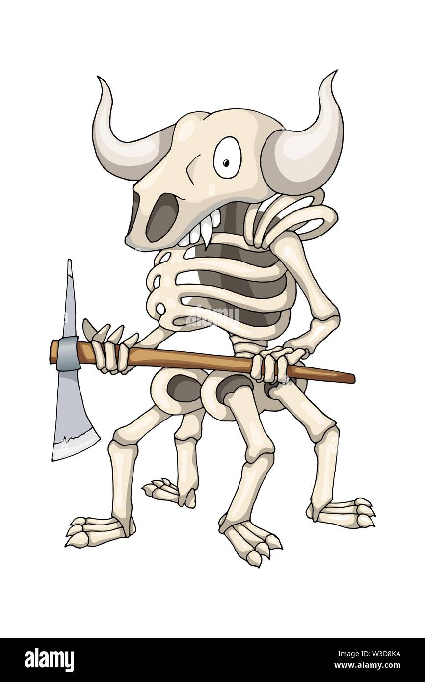 Squelette démon guerrier debout avec deux remises Ax, personnage Illustration de Vecteur