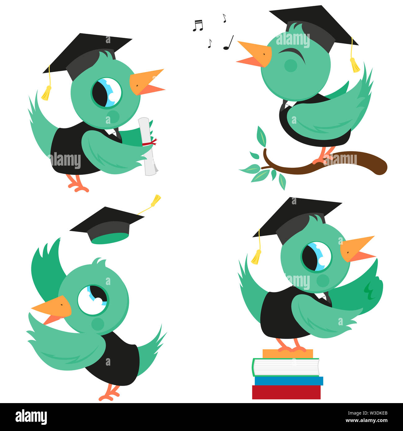 Oiseaux avec des chapeaux et des robes de graduation. Élèves mignons de l'école et de la maternelle avec des diplômes. Banque D'Images Oiseaux avec des chapeaux et des robes de graduation. Élèves mignons de l'école et de la maternelle avec des diplômes. Banque D'Images
