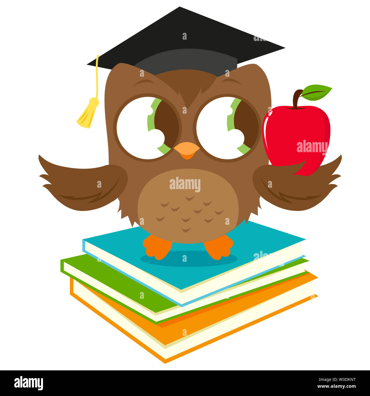 Mignon oiseau hibou sage professeur avec un chapeau en mortarboard, assis sur une pile de livres et tenant une pomme rouge. Oiseau enseignant hibou dans la salle de classe de l'école. Banque D'Images Mignon oiseau hibou sage professeur avec un chapeau en mortarboard, assis sur une pile de livres et tenant une pomme rouge. Oiseau enseignant hibou dans la salle de classe de l'école. Banque D'Images