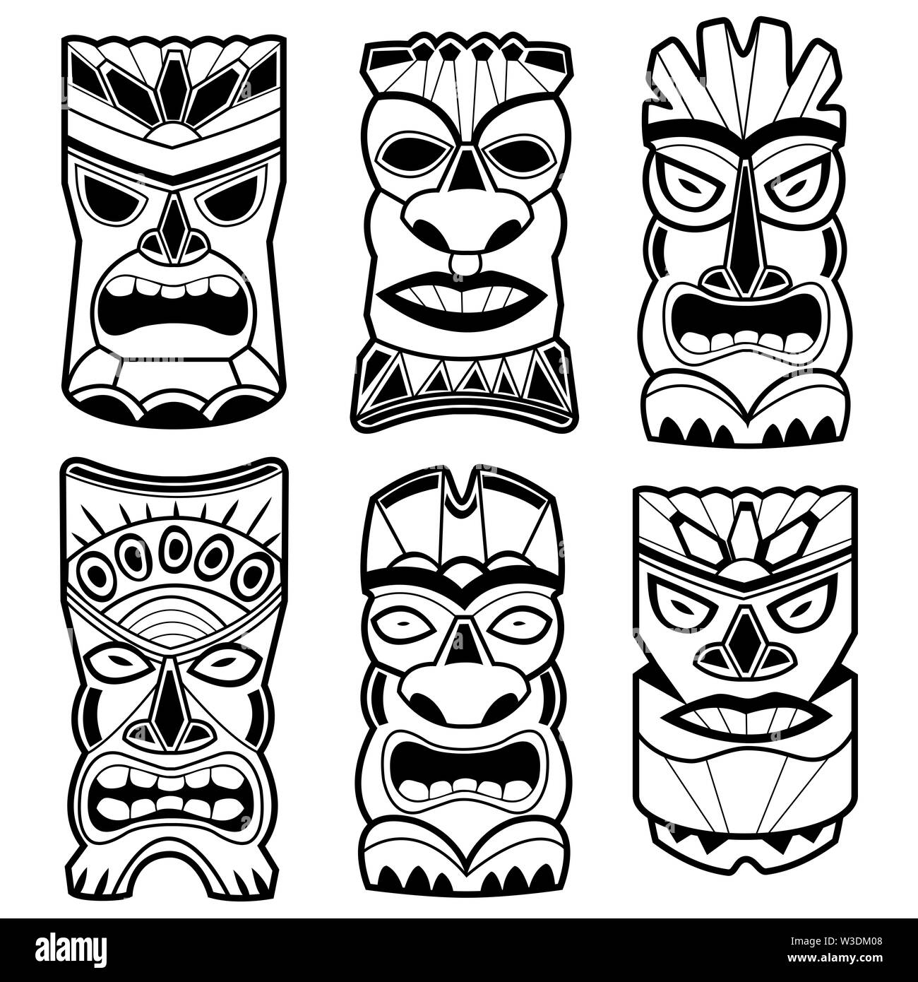 Masques de statue tiki hawaïens. Statues polynésiennes en bois, totems tribaux hawaïens. Jeu d'illustrations en noir et blanc. Banque D'Images