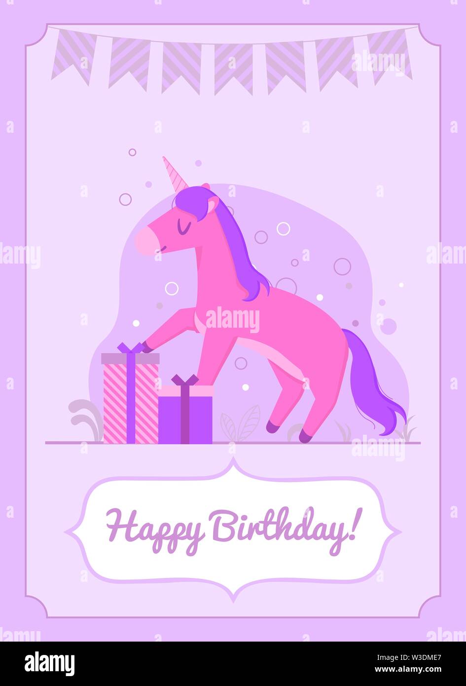 Carte d'anniversaire coloré heureux licorne debout sur le don Illustration de Vecteur