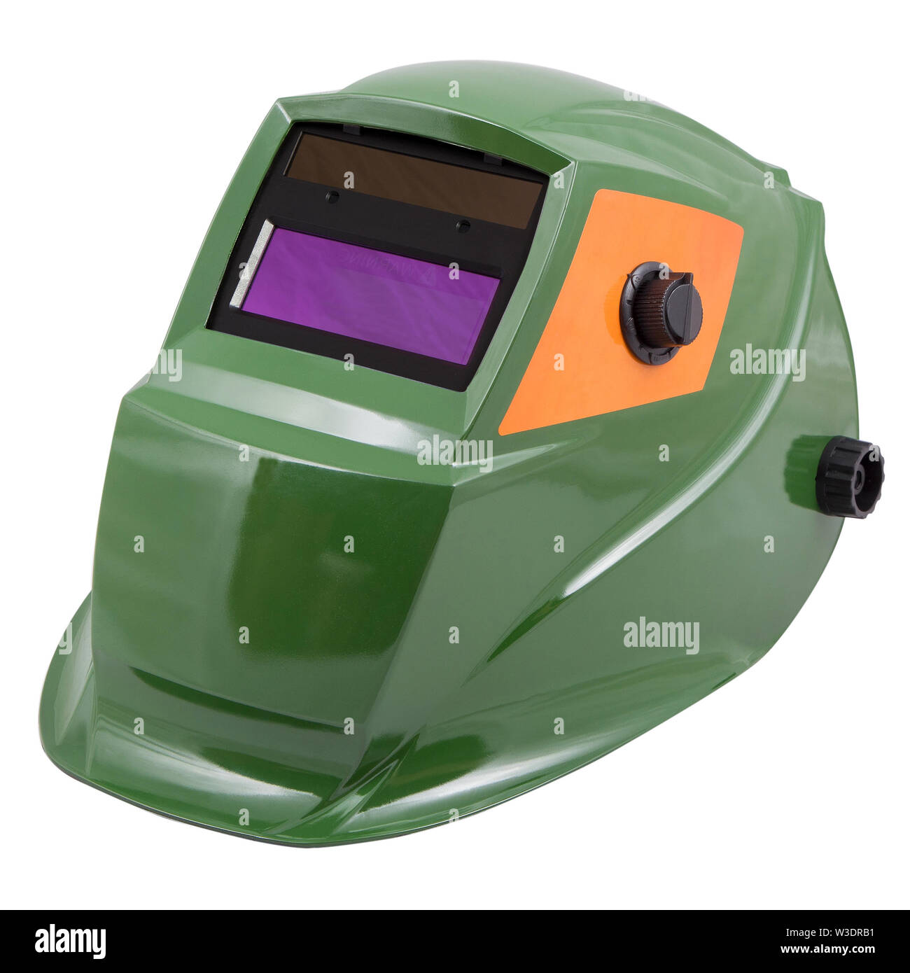 Masque de soudage avec caméléon vert verre isolé sur fond blanc. Banque D'Images