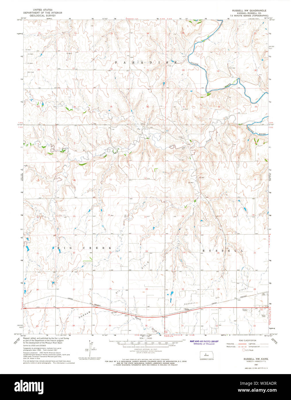 Carte TOPO USGS KANSAS KS Russell SW 5124021967 Restauration 24000 Banque D'Images