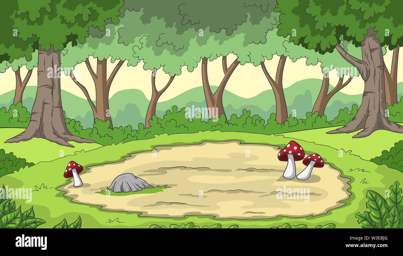 Arrière-plan de la forêt de dessin animé avec des champignons. Hand drawn vector illustration. Illustration de Vecteur Arrière-plan de la forêt de dessin animé avec des champignons. Hand drawn vector illustration. Illustration de Vecteur