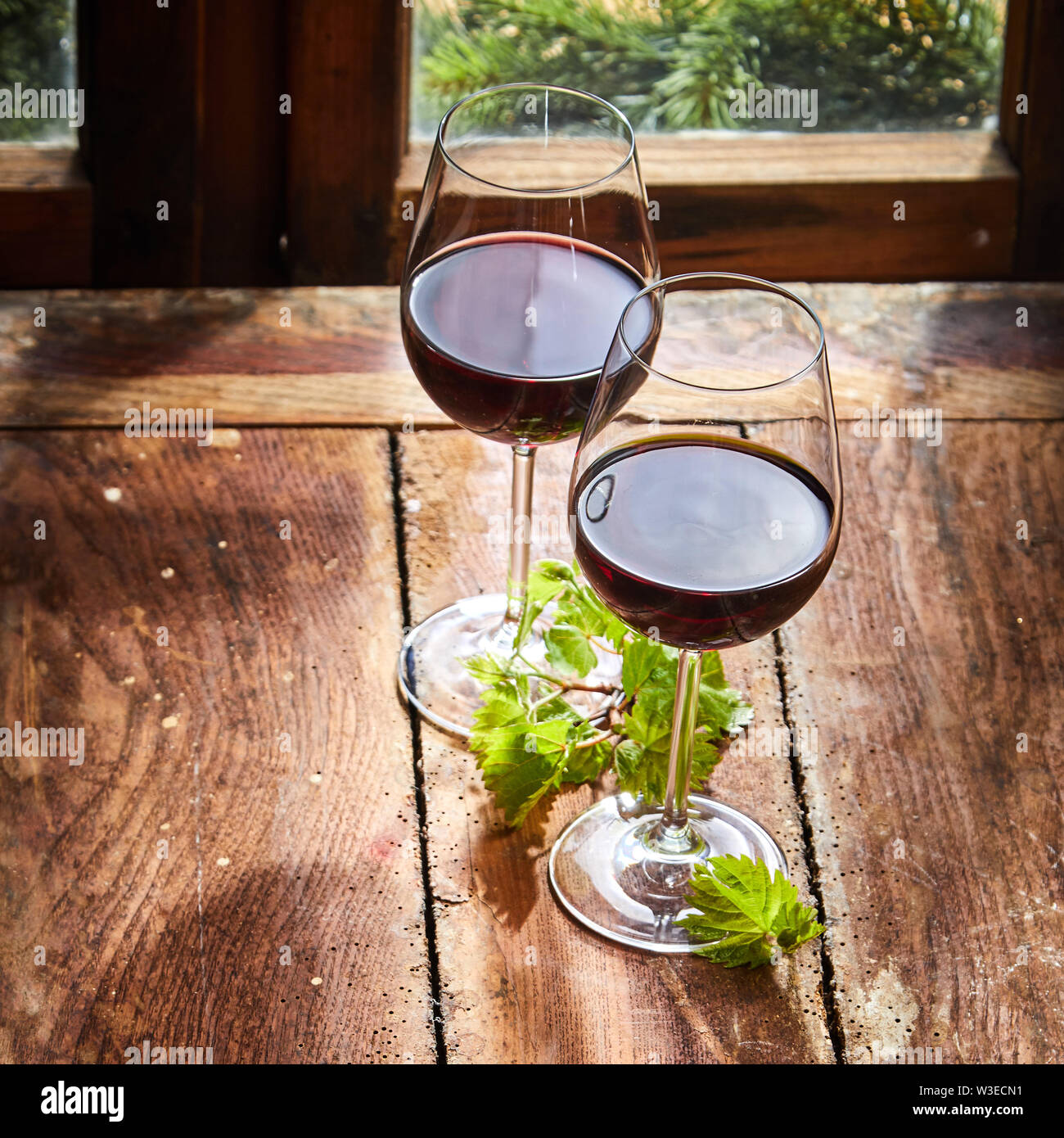 Deux verres de vin rouge avec des feuilles de vigne verte à côté d'une fenêtre sur une table en bois rustique ver monté en format carré Banque D'Images