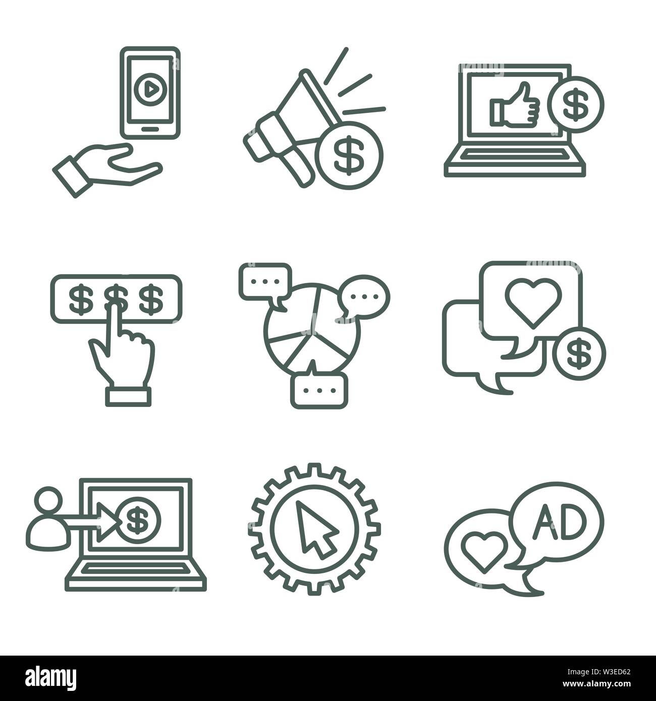 Social Media Icon Set - Annonces Annonces vidéo, l'engagement de l'utilisateur, etc. Illustration de Vecteur