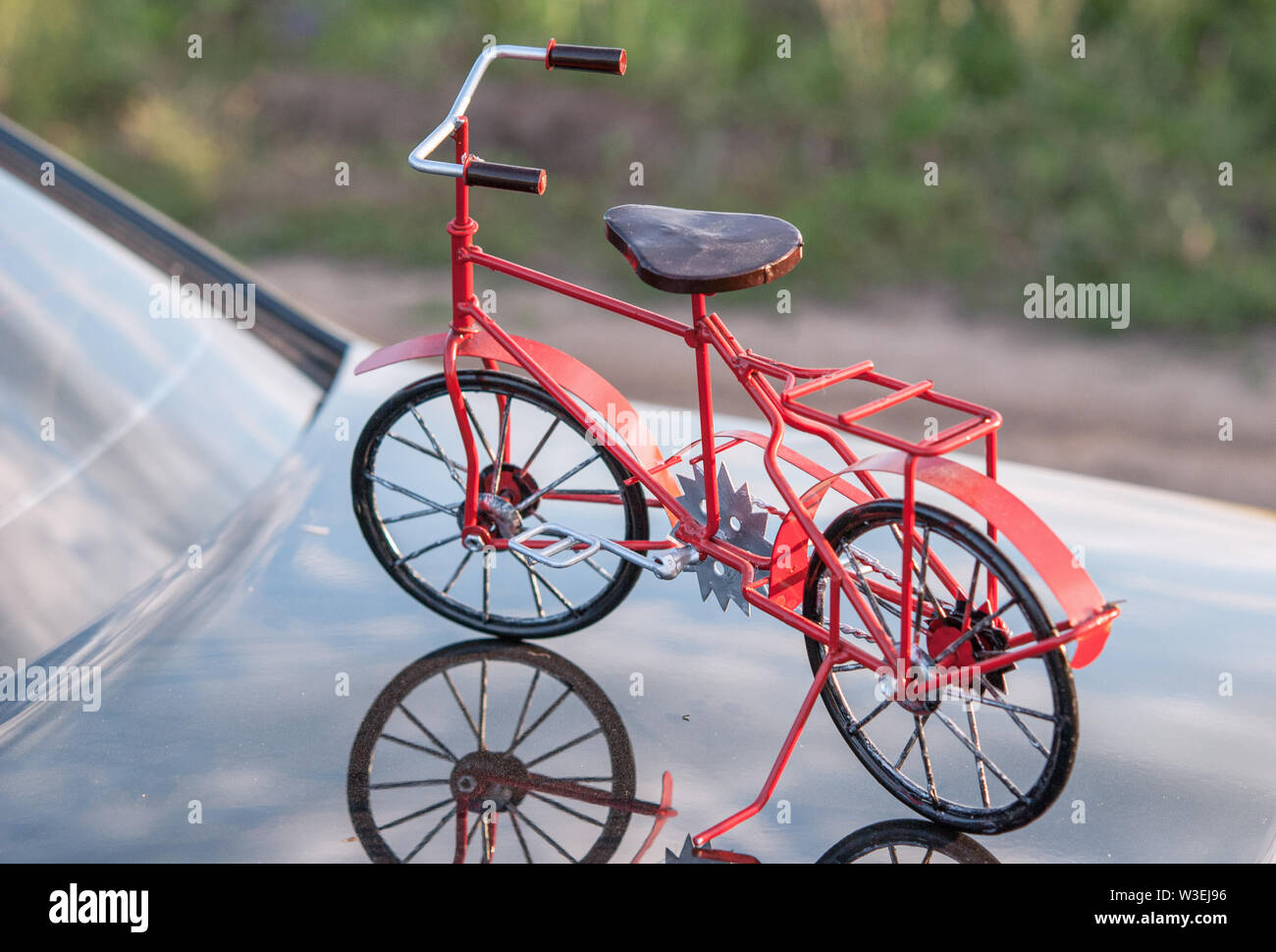 Bike rouge sur l'arrière-plan de la nature sur la surface du capot de la voiture Banque D'Images