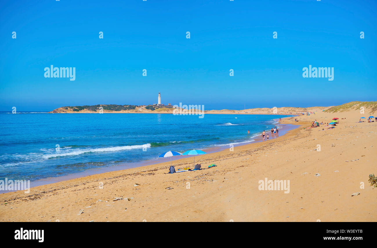 Vue panoramique de l'anse de Varadero, Marisucia plage avec le phare de Trafalgar à l'arrière-plan. Los Caños de Meca, Barbate, Cadix, Espagne. Banque D'Images