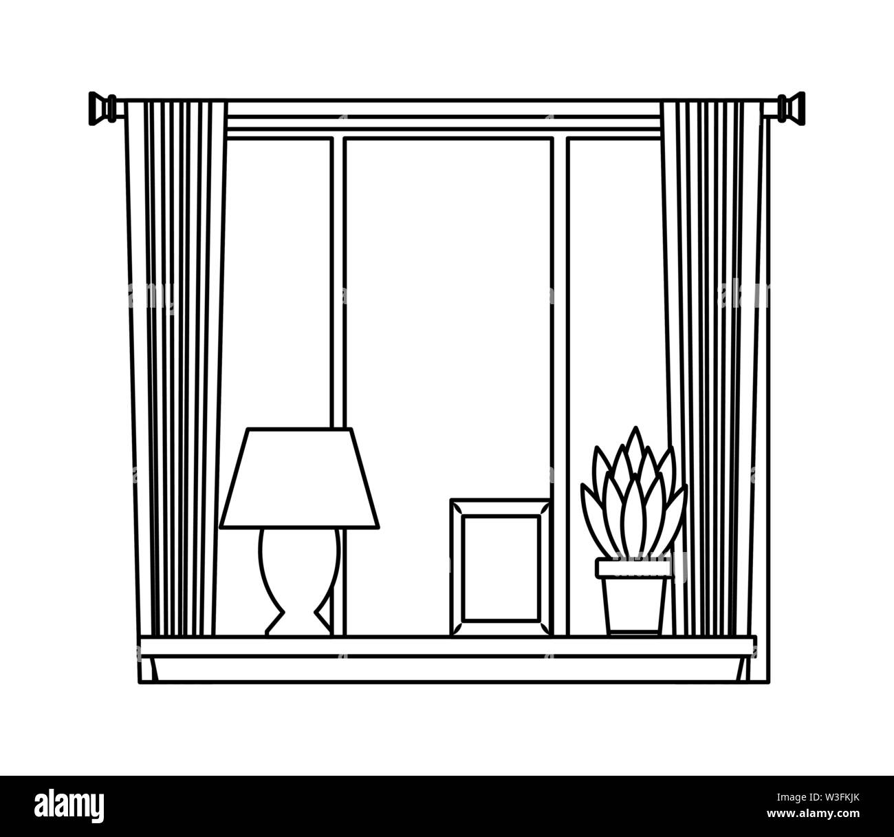 Chambre avec fenêtre lumière lampe photo et cache-pot sur la tablette en noir et blanc Illustration de Vecteur