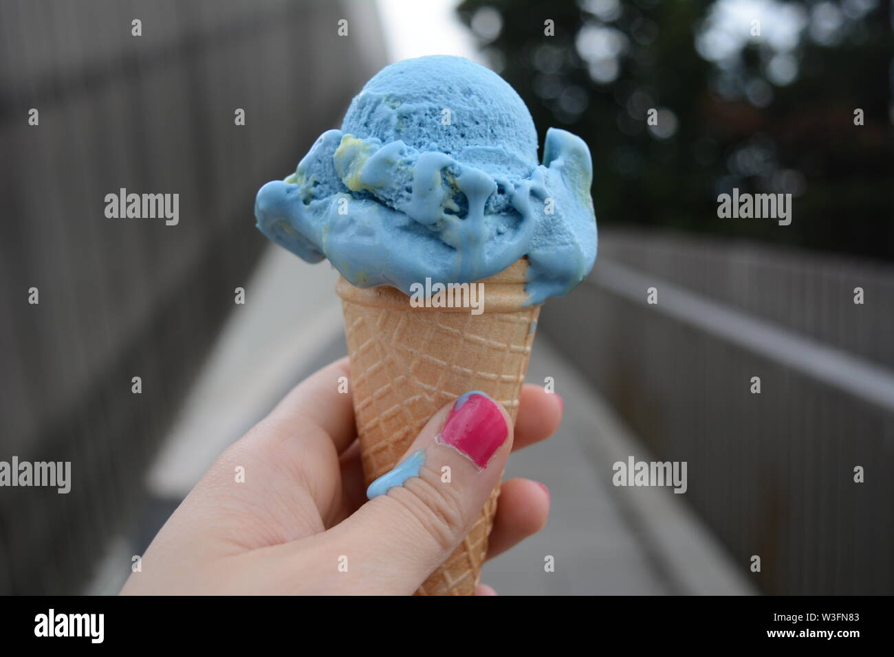 Photographie d'un bleu glace dans un cône, tenue par une main avec les ongles rose Banque D'Images