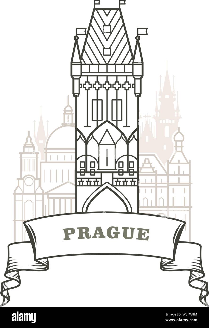 Les toits de la ville de Prague - la Tour Poudrière de Prague, avec des bâtiments de l'emblème Illustration de Vecteur