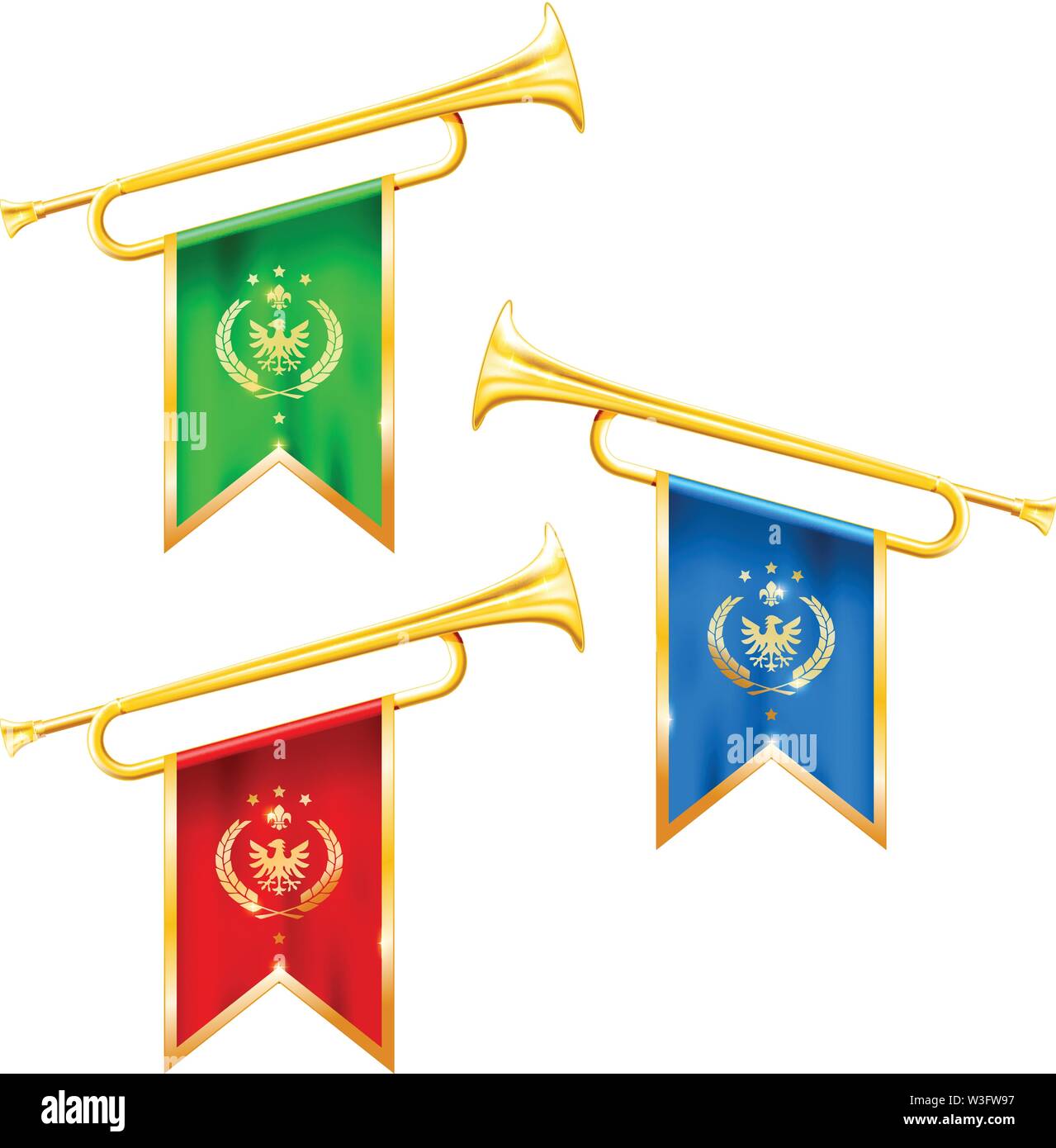 Fanfare trompettes avec des drapeaux, la gloire et la renommée des trompettes d'or, symbole Illustration de Vecteur