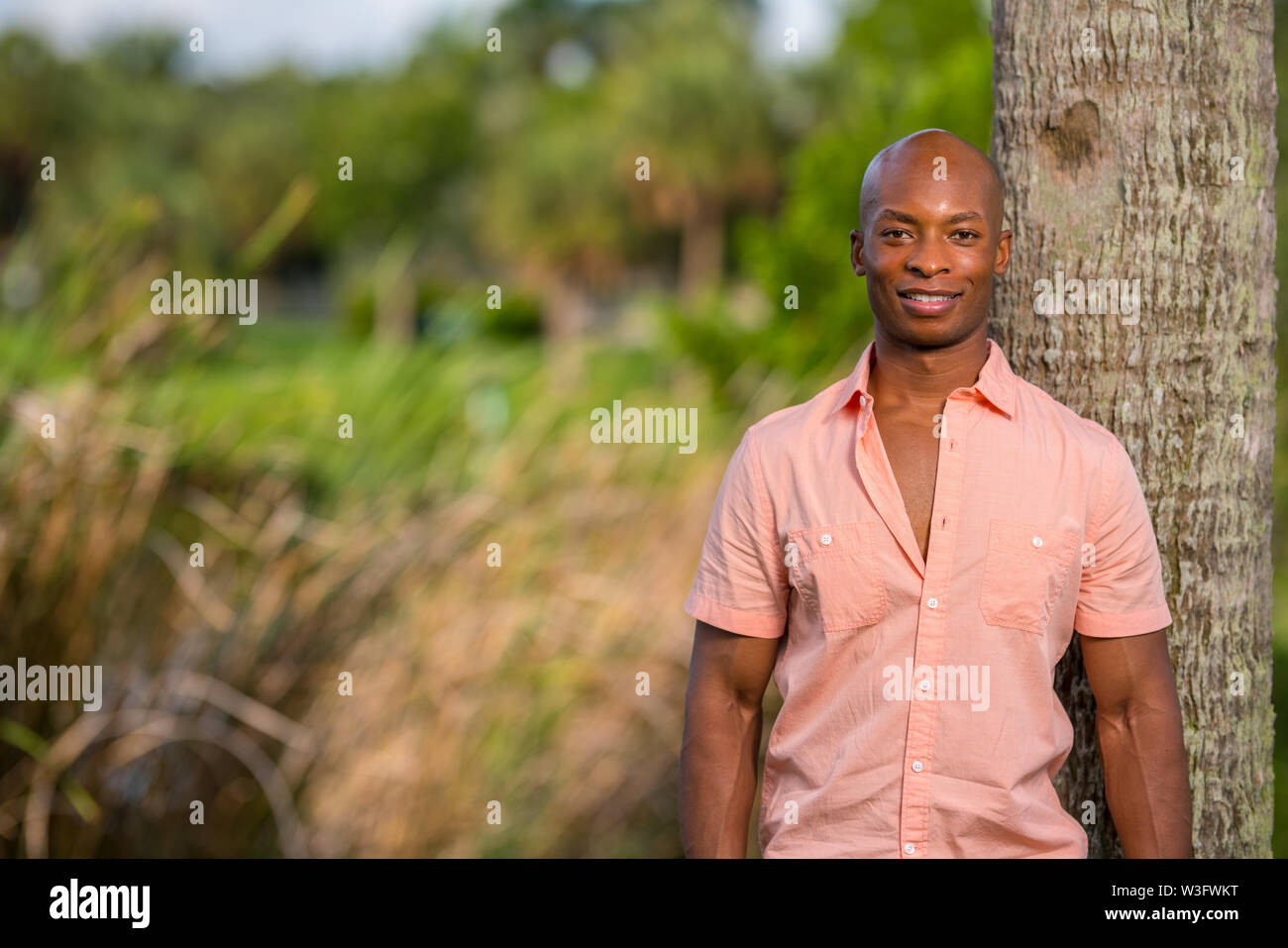 Handsome African American male model posing dans une chemise bouton rose. Modèle masculin montrant la poitrine sous les boutons Banque D'Images