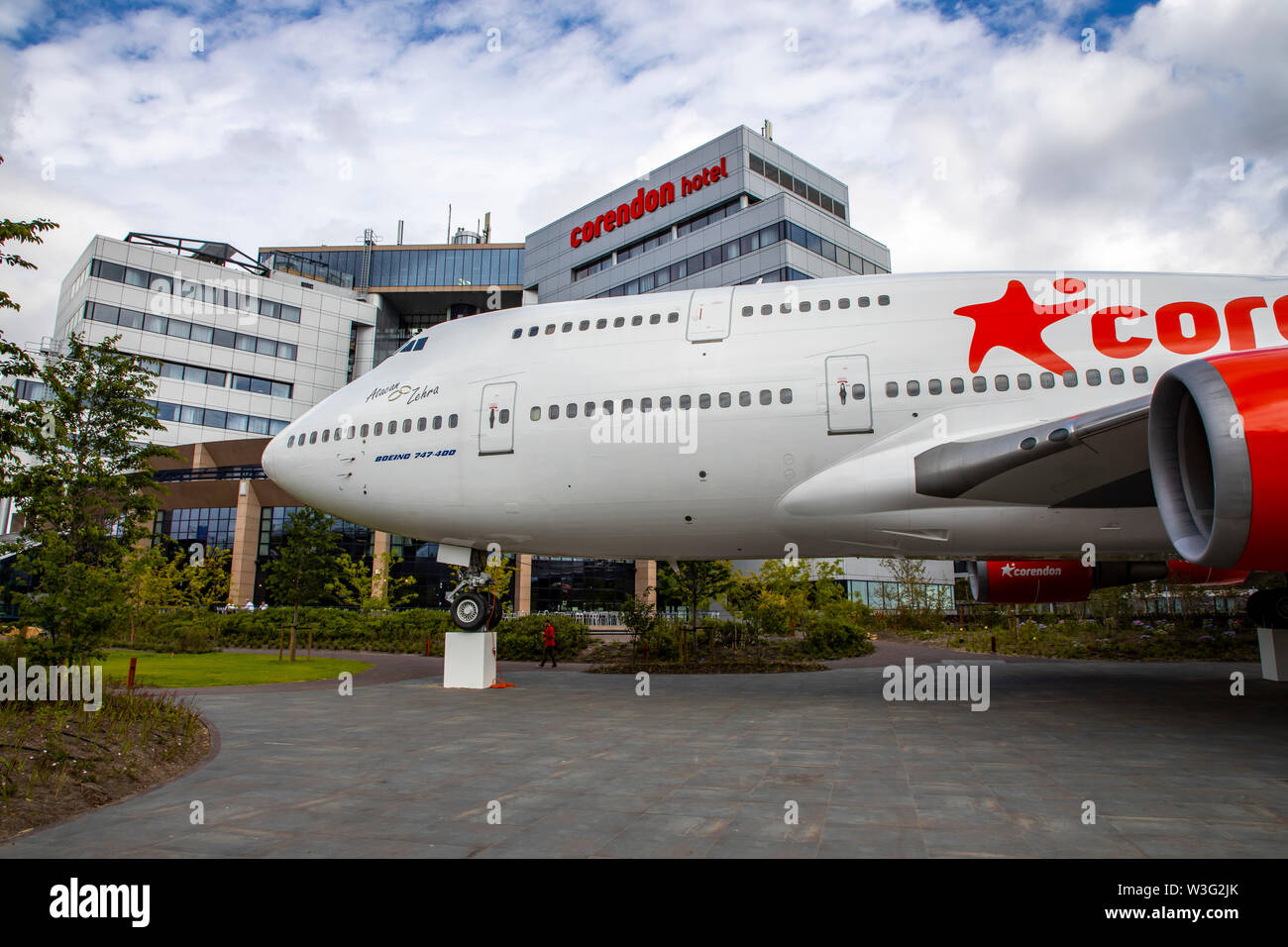 Corendon Hotels Village, à l'aéroport d'Amsterdam-Schiphol, ex-KLM Boeing 747-400, Jumbo jet, dans le parc de l'hôtel complexe, seront convertis en Banque D'Images