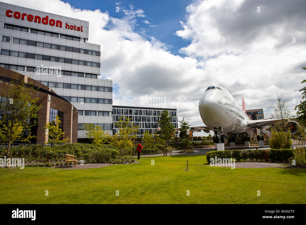 Corendon Hotels Village, à l'aéroport d'Amsterdam-Schiphol, ex-KLM Boeing 747-400, Jumbo jet, dans le parc de l'hôtel complexe, seront convertis en Banque D'Images