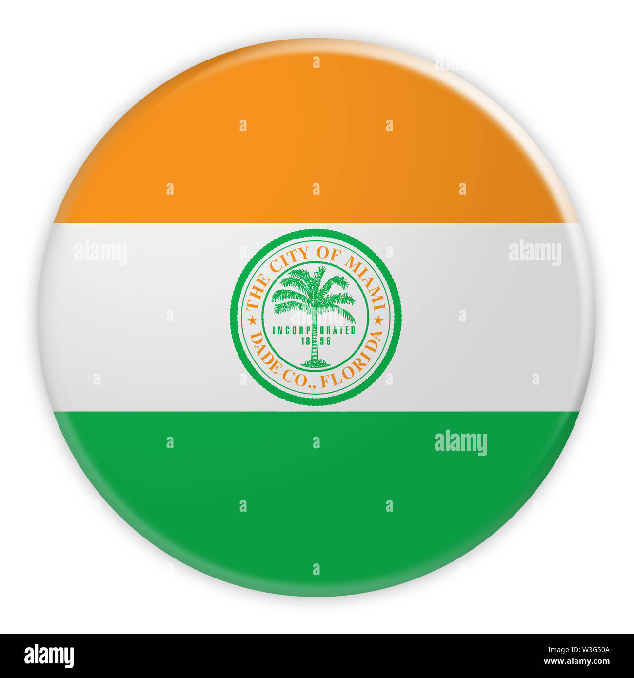 Ville : bouton-Insigne Drapeau de Miami, 3d illustration sur fond blanc Banque D'Images