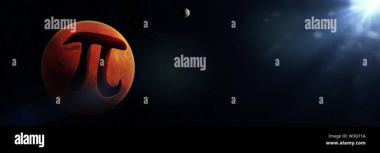 Symbole pi et planète Mars, constante mathématique dans l'espace 3d illustration surréaliste (bannière) Banque D'Images