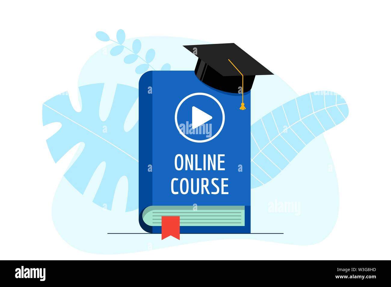 Cours en ligne avec affiche de vidéo de jeu sur le livre de couverture bleu et la casquette de remise des diplômes. Academy Hat sur l'e-learning éducation étudiant et Internet enseignement savoir concept de webinar. Illustration vectorielle plate Illustration de Vecteur