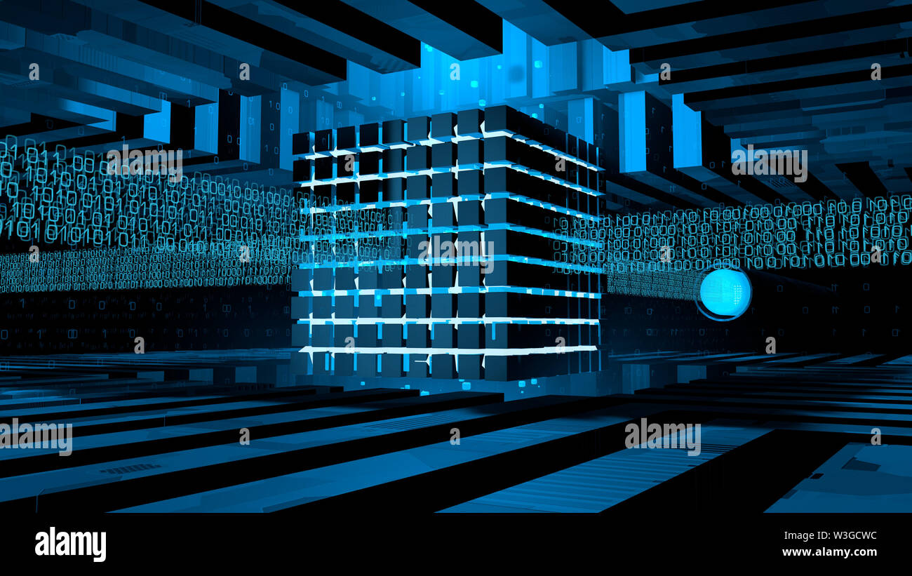 Noyau formé par ordinateur allumé en cubes avec lumière bleue à l'intérieur d'une structure métallique recevant les lignes d'informations binaires qui sortent des câbles sur sid 4 Banque D'Images