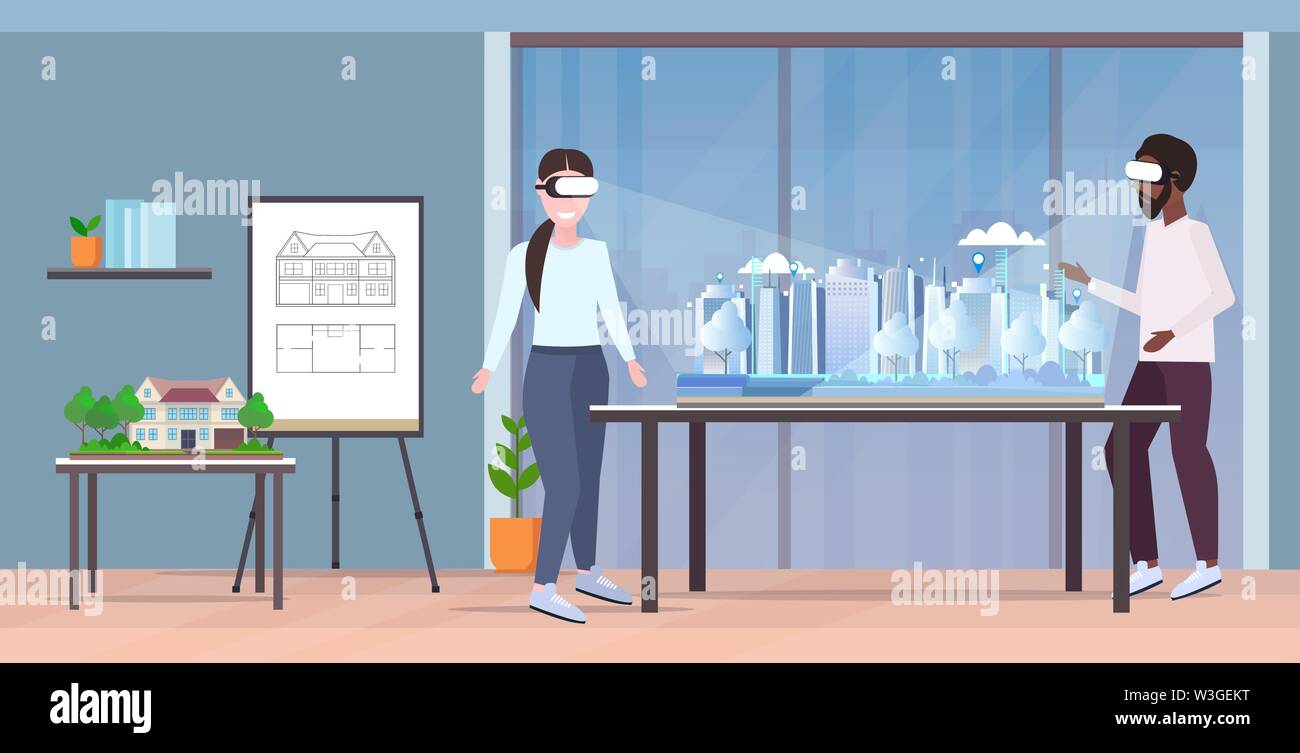 Deux architectes portant des lunettes numériques 3d réalité virtuelle modèle de ville bâtiment concept vision casque race mix à l'équipe d'ingénieurs au plan de la ville Illustration de Vecteur