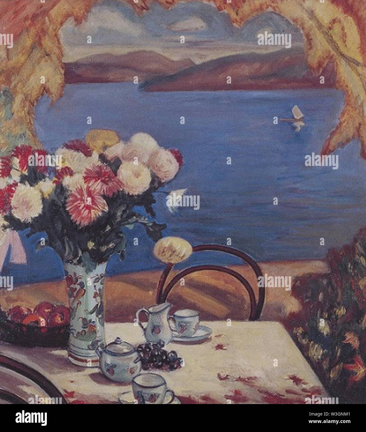 Chrysanthèmes (Still Life à côté d'un lac) par Fujishima Takeji. Banque D'Images