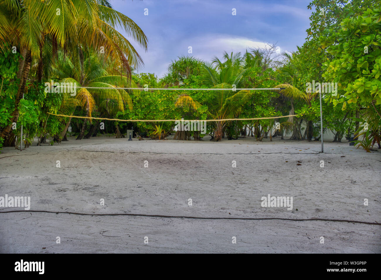 Cette photo montre un terrain de volley-ball au milieu de la jungle tropicale. Cette photo a été prise dans les Maldives Banque D'Images