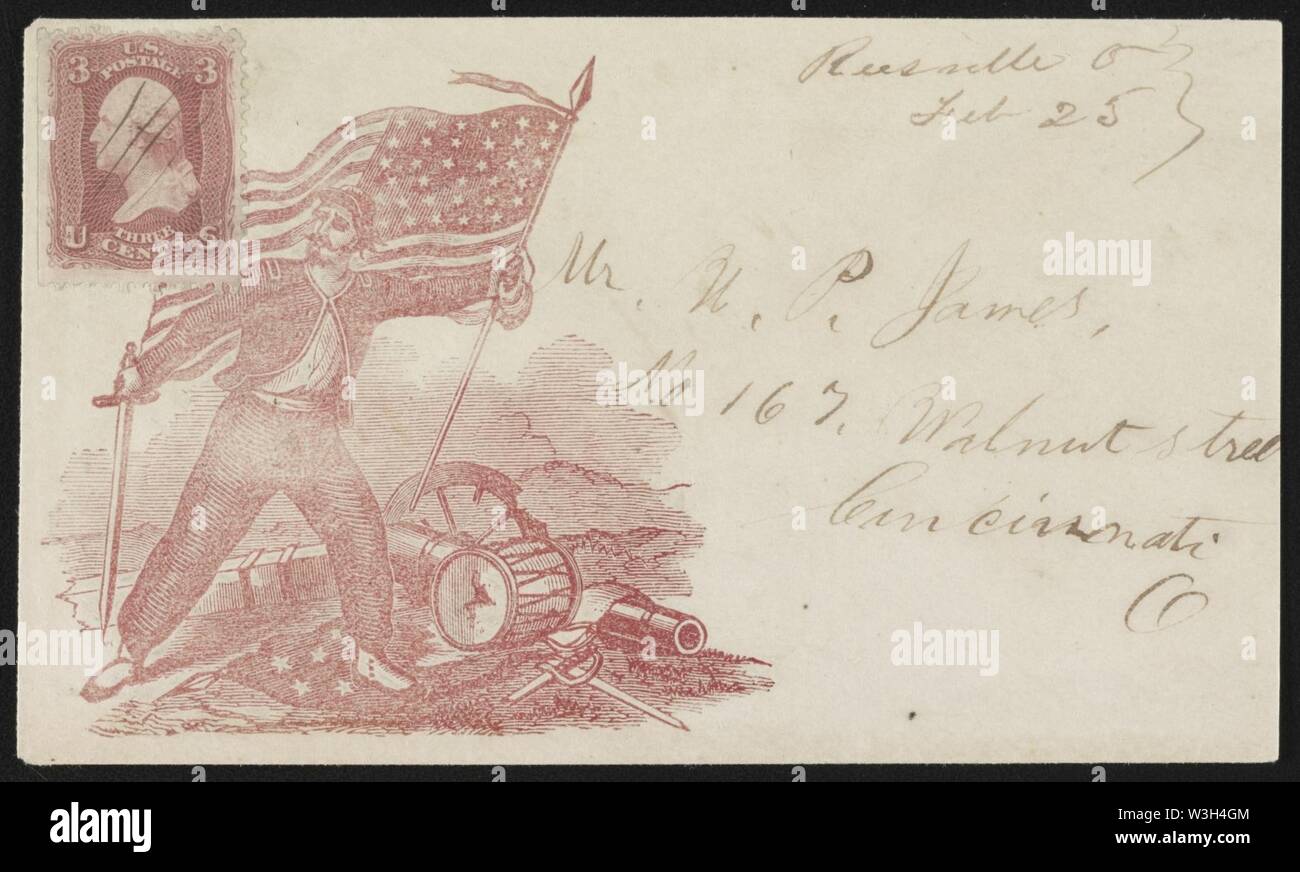 La guerre civile soldat montrant l'enveloppe tenant un sabre et d'un drapeau Banque D'Images