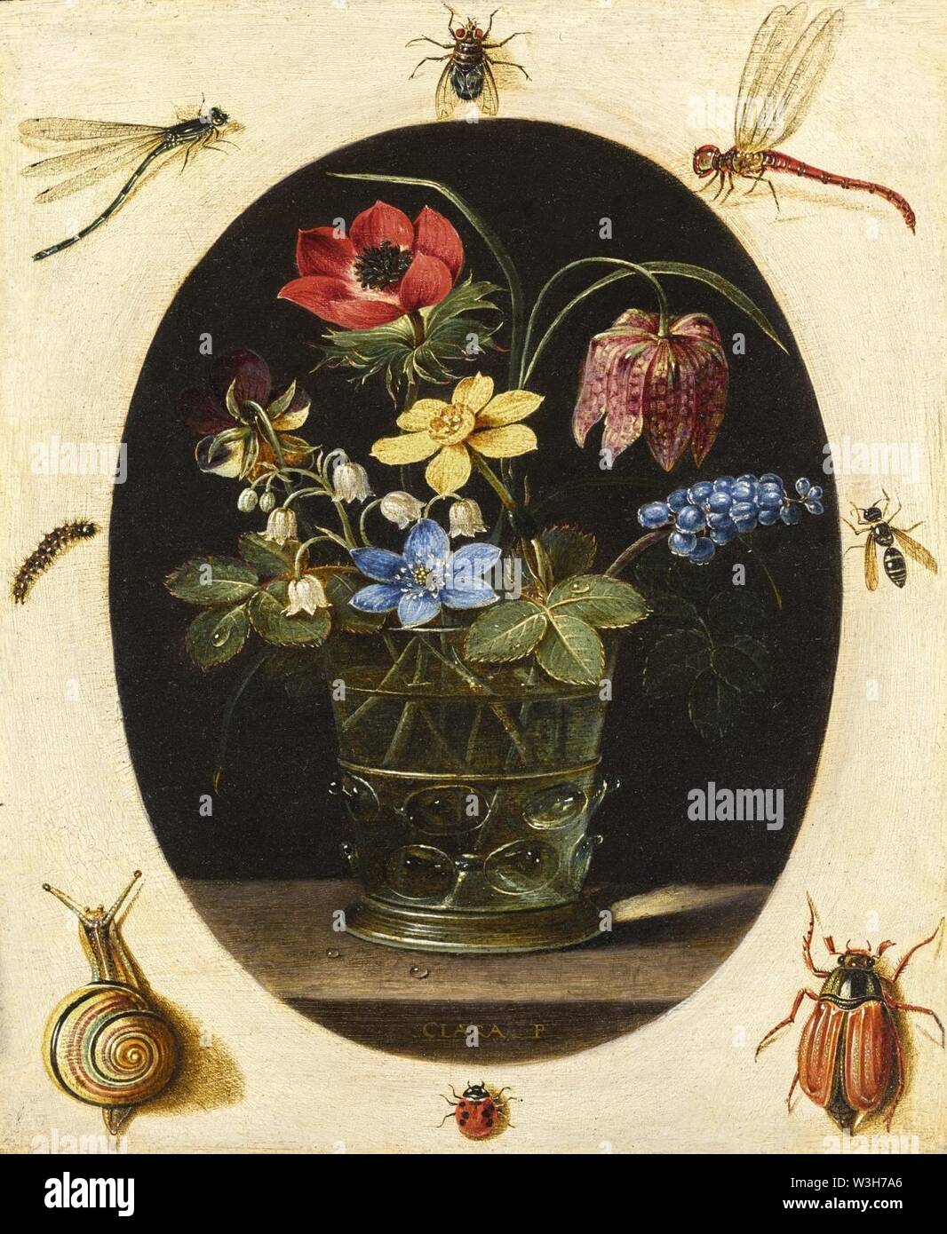 Clara Peeters - Nature morte avec fleurs dans un vase de verre entouré par les insectes et un escargot 071L18033 9QMJJ. Banque D'Images