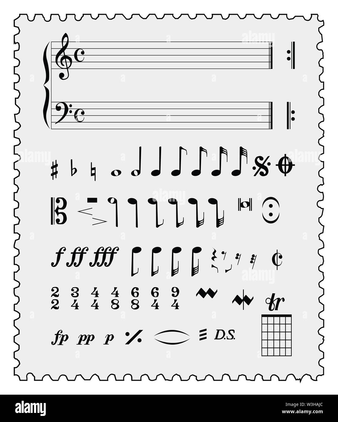 Un timbre-poste avec un lcolectionnof les notes de musique sur un fond blanc Illustration de Vecteur