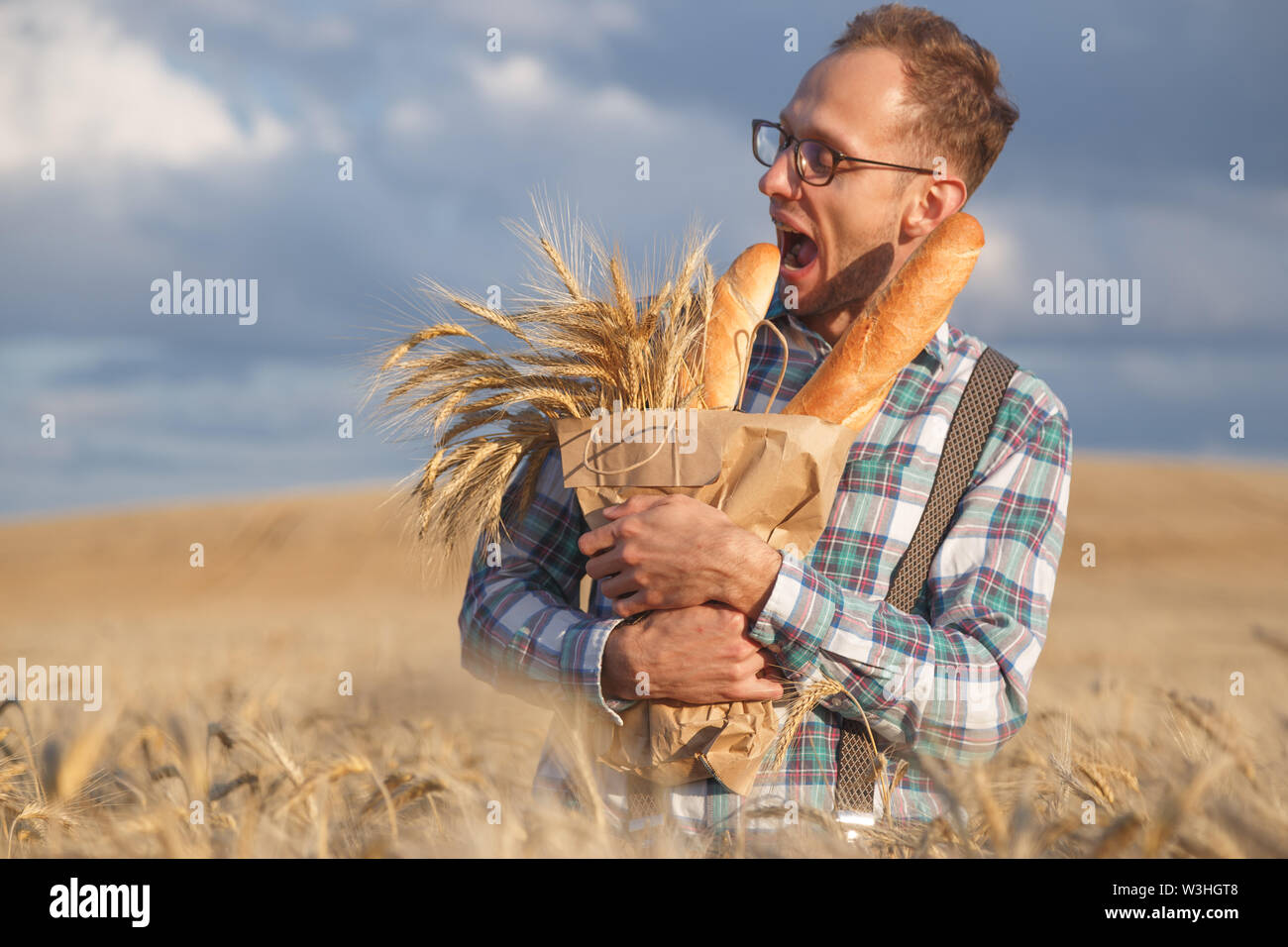 Homme affamé mord dans le champ de seigle baguettes. Banque D'Images