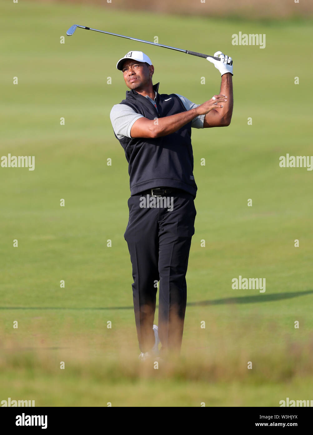 USA's Tiger Woods le 14 au cours de l'aperçu la troisième journée de l'Open Championship 2019 au Club de golf Royal Portrush. Banque D'Images