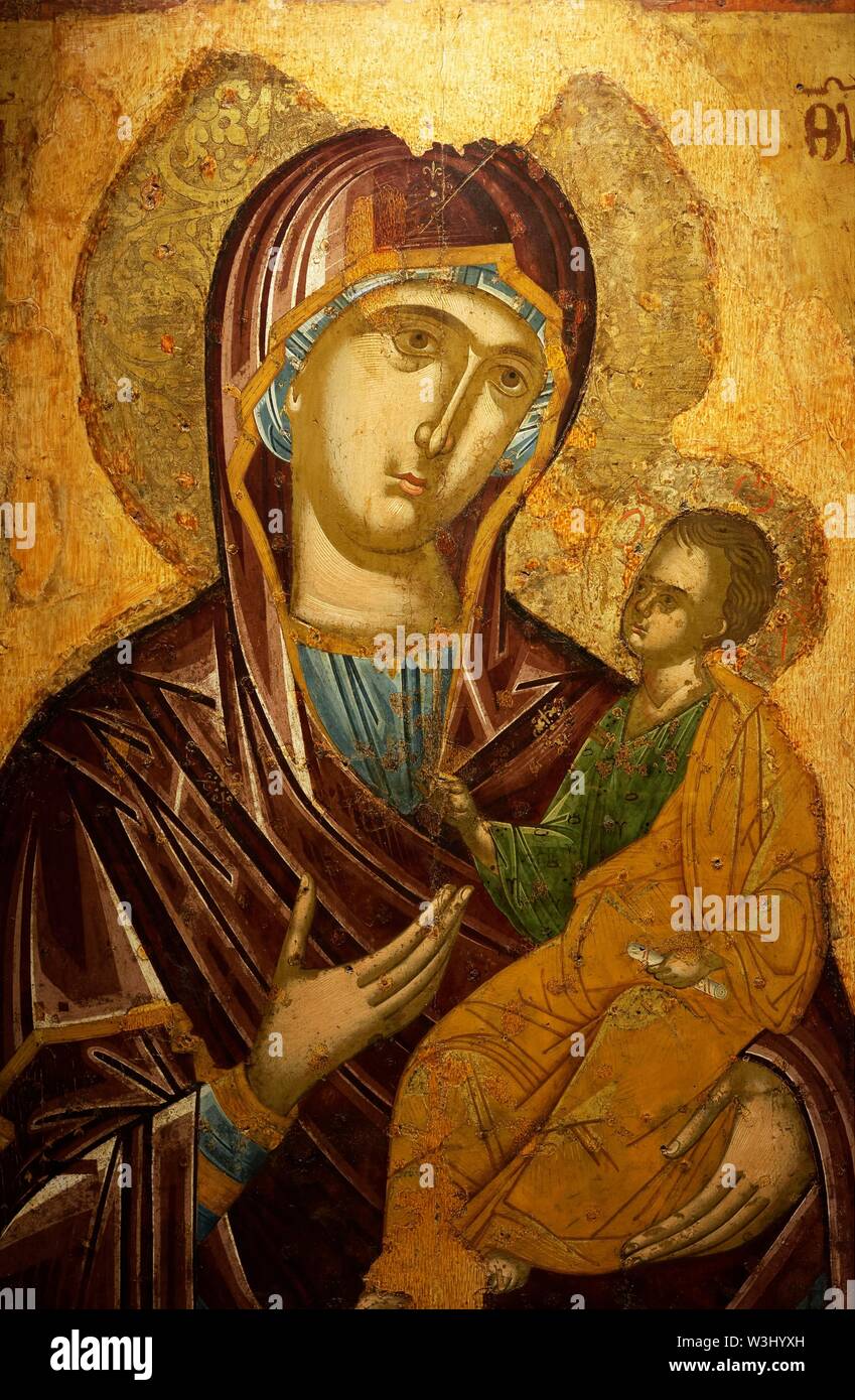 Vierge Marie avec l'Enfant Jésus dans ses bras, Maria Hodiguitria, icône du 17ème siècle, musée de l'icône Antivouniotissa, Corfou Ville, l'île de Corfou, Îles Ioniennes Banque D'Images