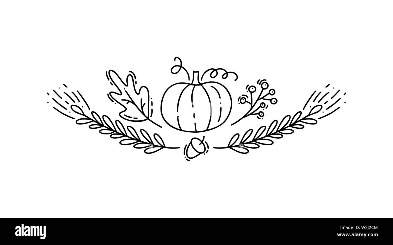 Citrouille et feuilles, épis de blé, des glands et des branches. Vector hand drawn illustration Illustration de Vecteur