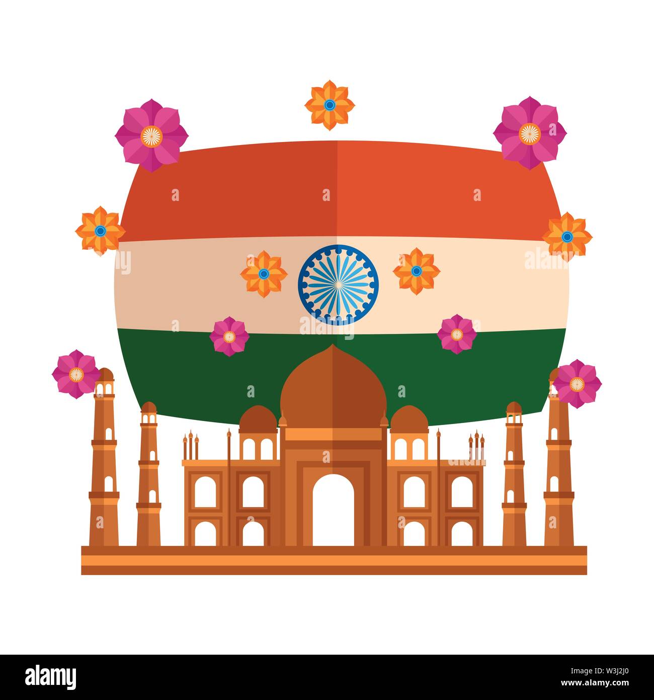 Mosquée indien Taj Mahal avec drapeau et fleurs Illustration de Vecteur