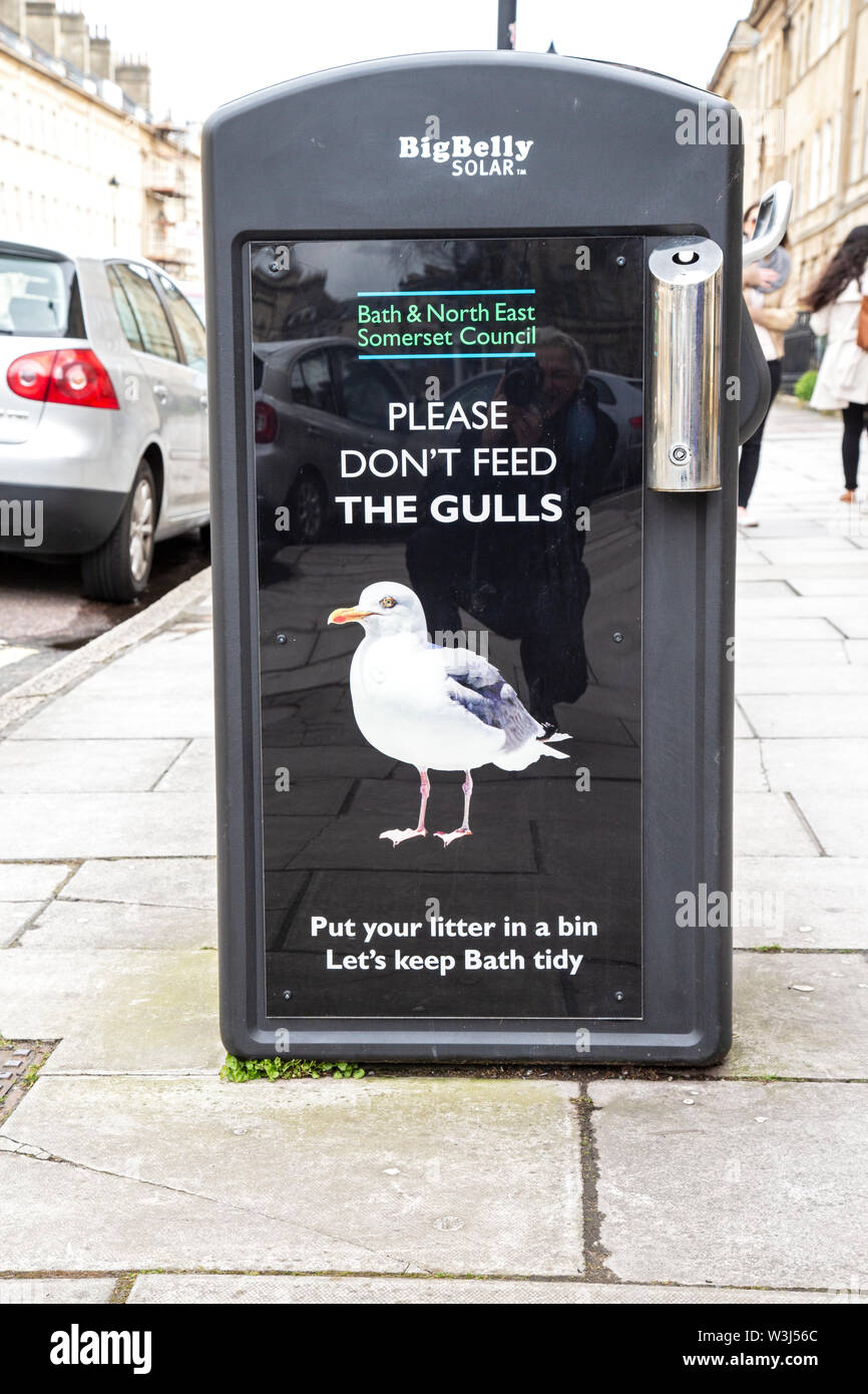 Ne pas nourrir les mouettes signer sur litière bin, baignoire, Somerset, Angleterre Banque D'Images