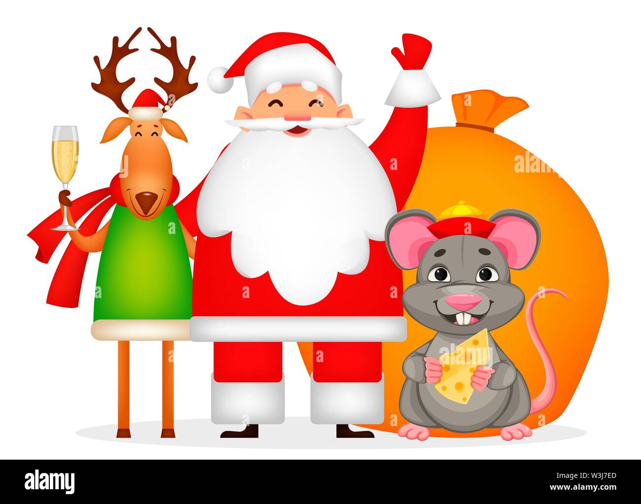 Joyeux Noël et Bonne Année carte de souhaits avec le Père Noël, le rat et le cerf. Vector illustration Illustration de Vecteur