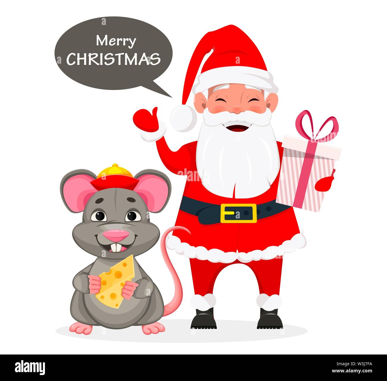 Joyeux Noël et Bonne Année carte de souhaits avec le Père Noël et drôles de rat. Vector illustration Illustration de Vecteur