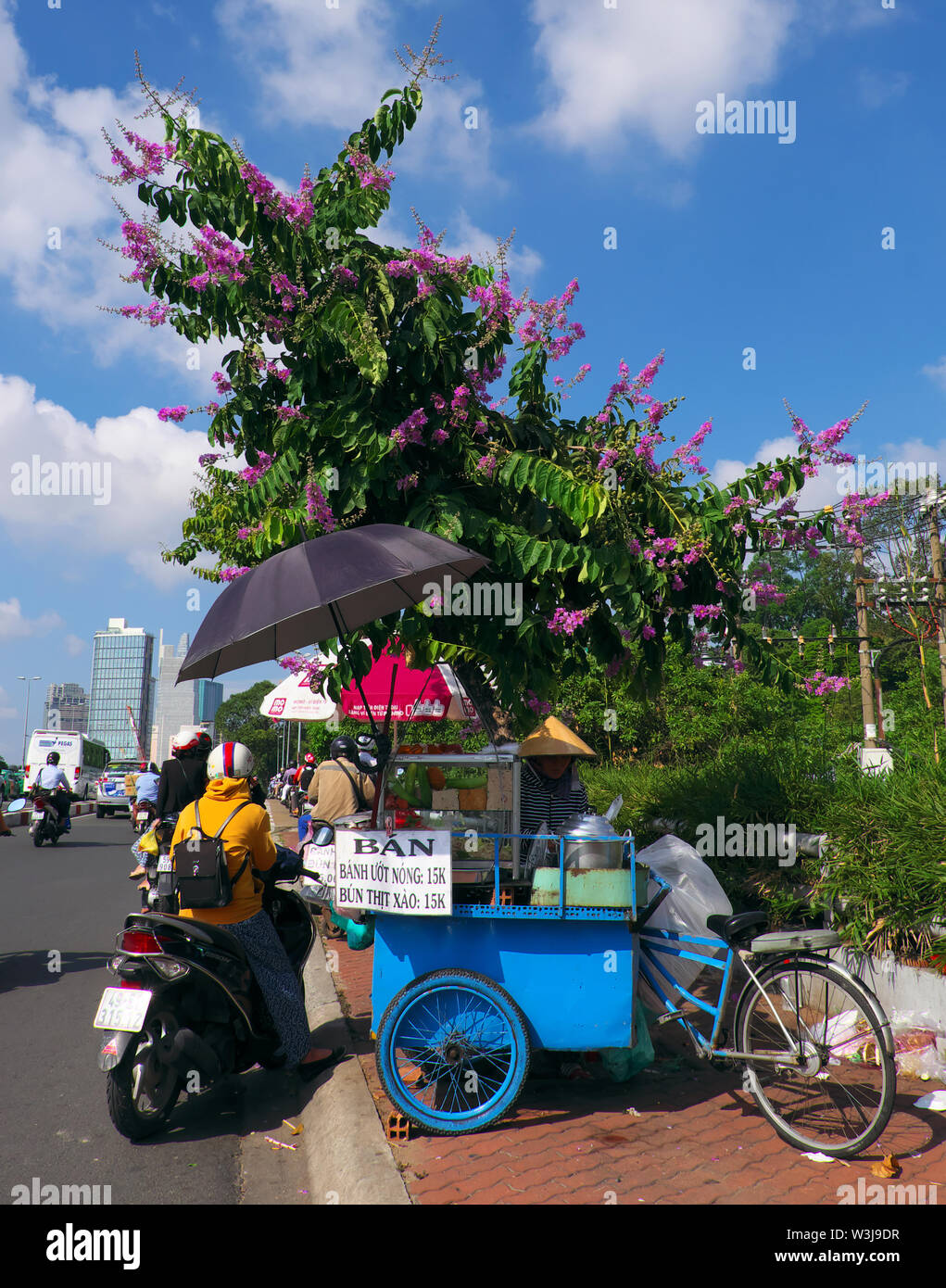 Vendeur de rue vendre petit-déjeuner sur la chaussée au panier alimentaire bleu, mobile fast food en vertu de l'arbre fleur violette et bleu ciel au matin, Vietnam Banque D'Images