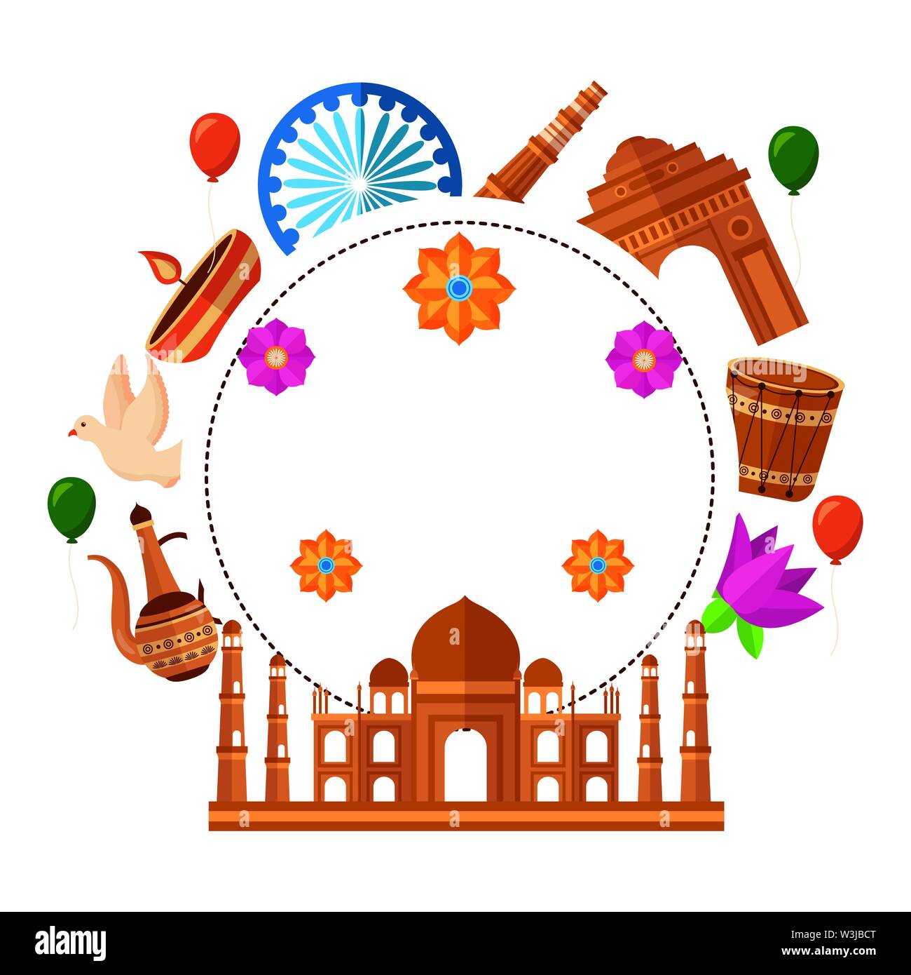 Mosquée indien Taj Mahal avec set d'icônes culturelles Illustration de Vecteur