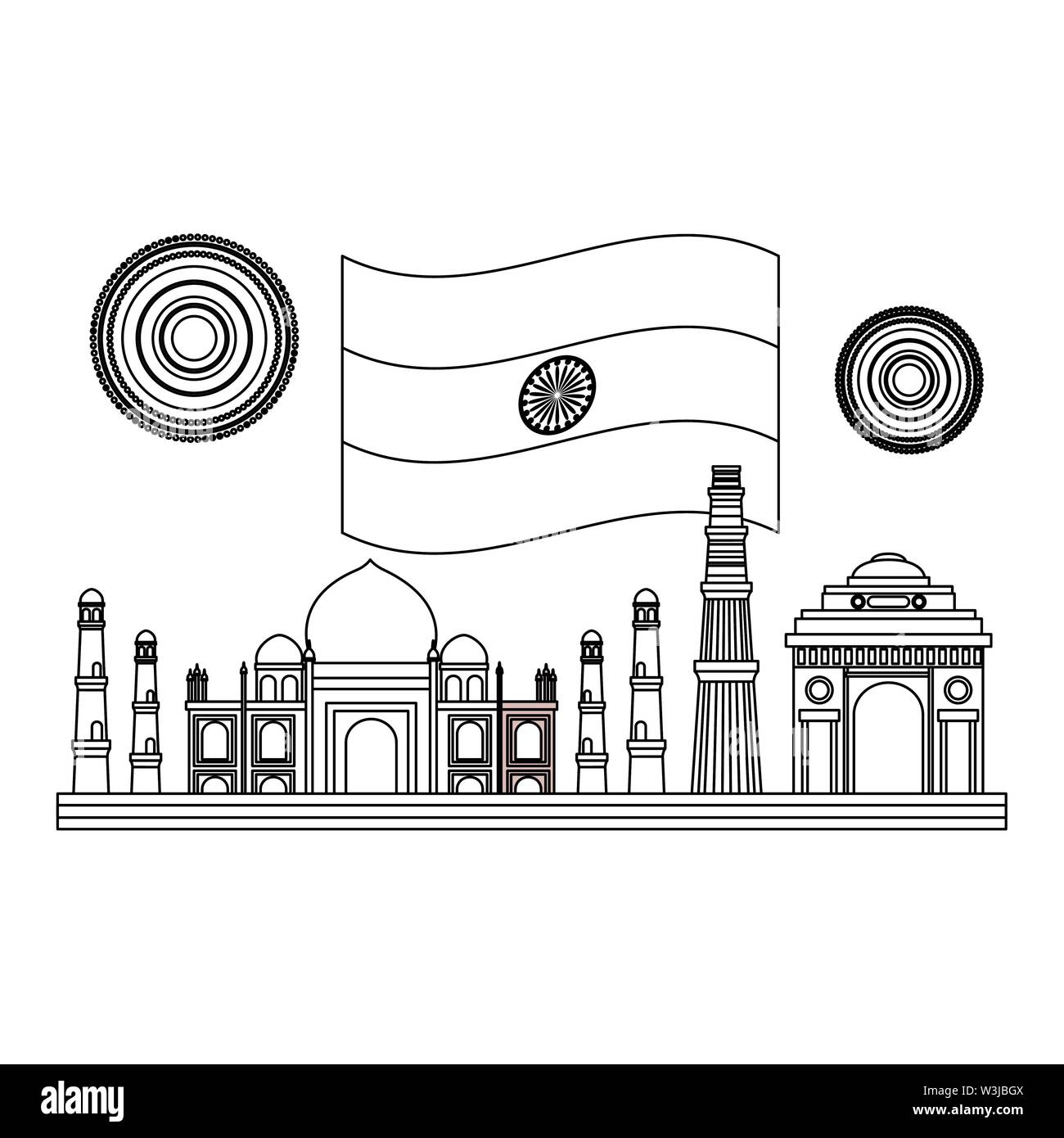 Taj Mahal indian et mosquées avec drapeau Illustration de Vecteur