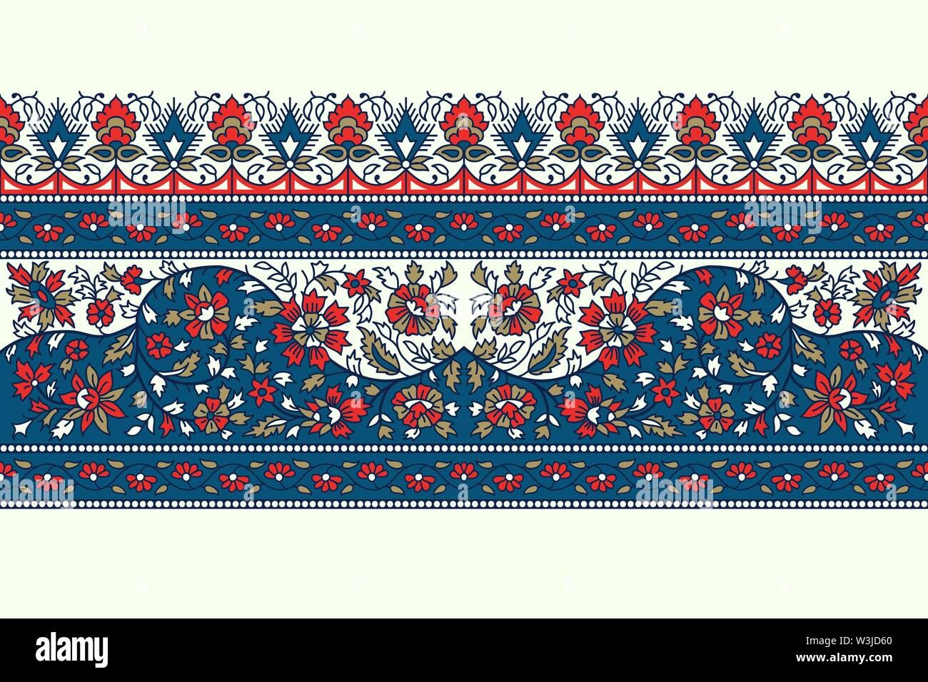 Imprimé sur bois indigo ethnique florale frontière. Ornement oriental traditionnel de l'Inde, motif fleur Garland, bleu, rouge et or Illustration de Vecteur