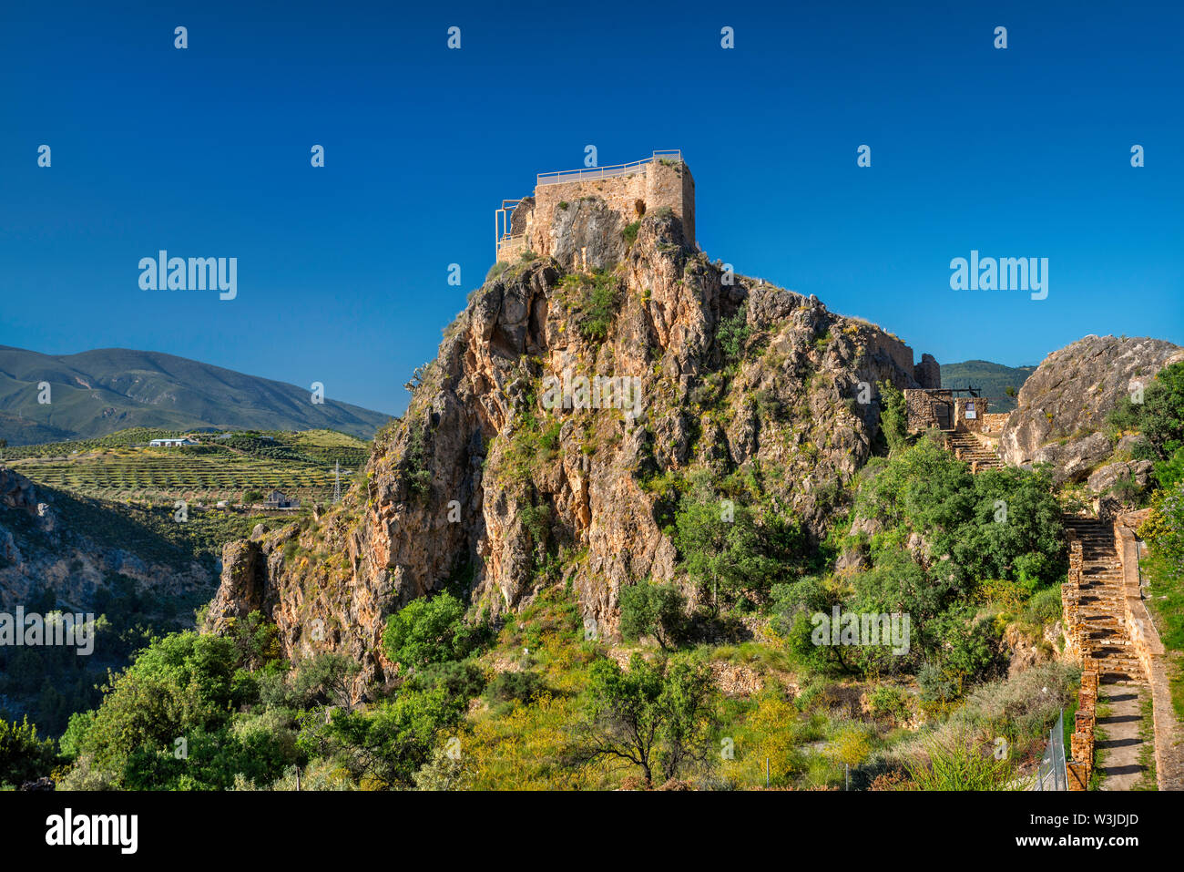 Château médiéval en ruine en haut rock à Lanjaron, Las Alpujarras, province de Grenade, Andalousie, Espagne Banque D'Images