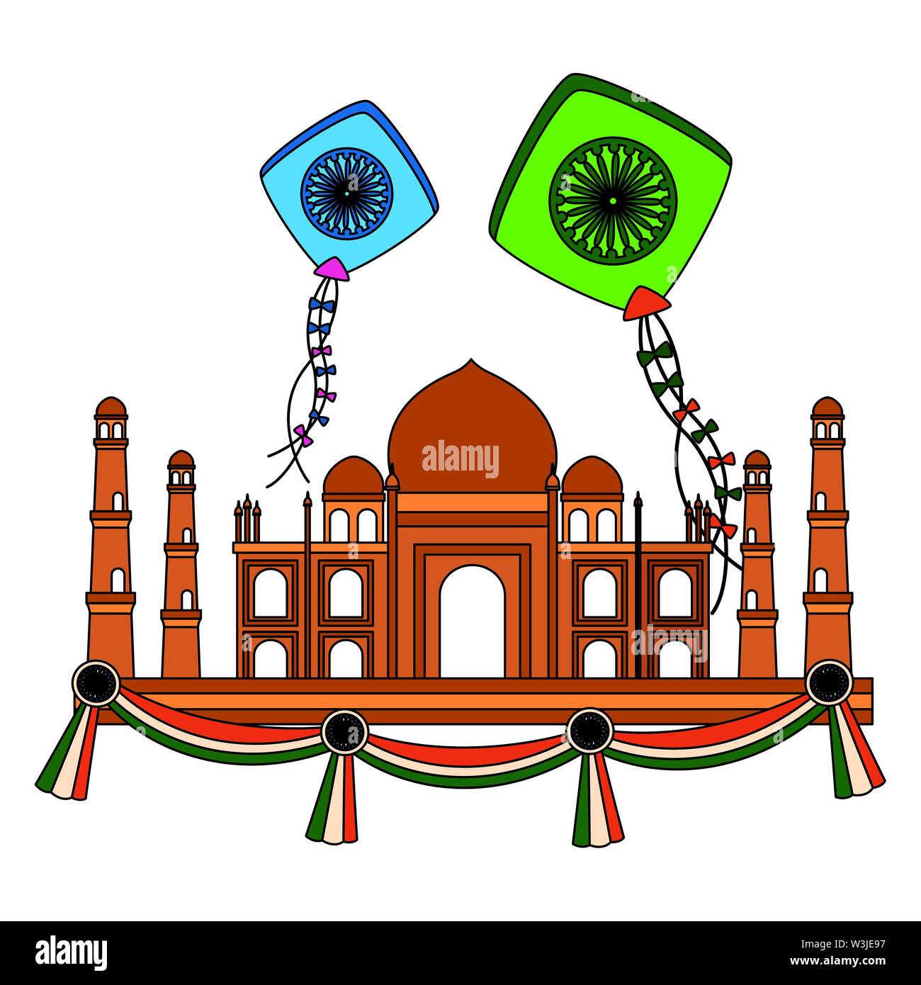 Mosquée indien Taj Mahal avec kites flying Illustration de Vecteur