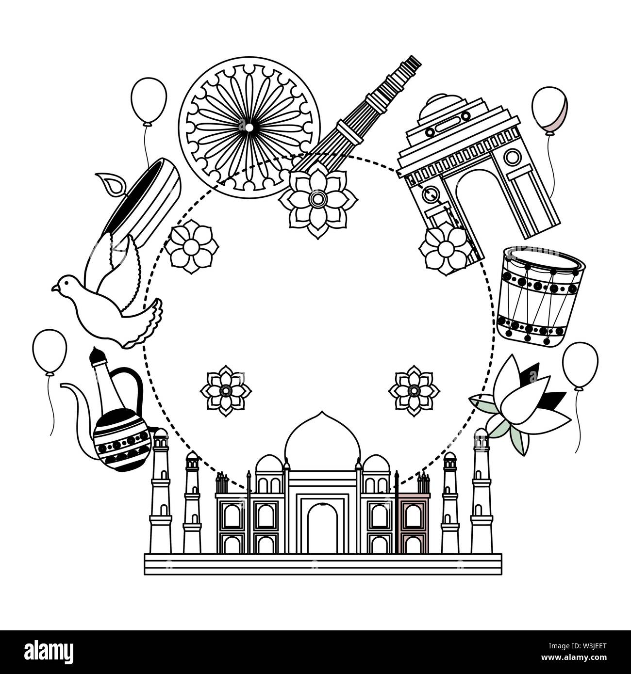 Mosquée indien Taj Mahal avec set d'icônes culturelles Illustration de Vecteur
