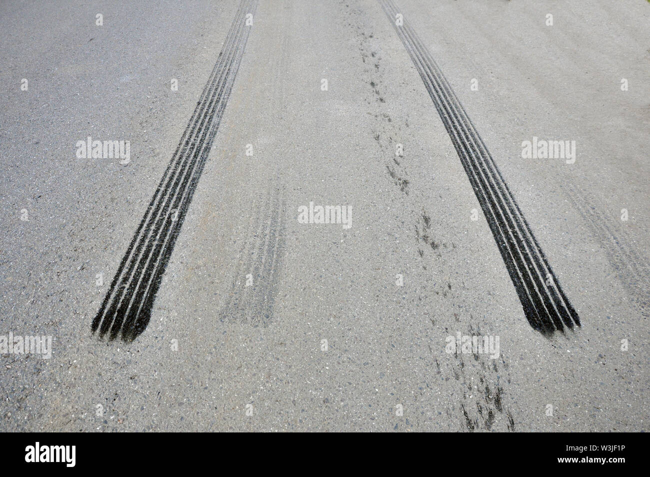 Les distances de freinage. Des traces du pneumatique de freinage d'urgence sur l'asphalte Banque D'Images