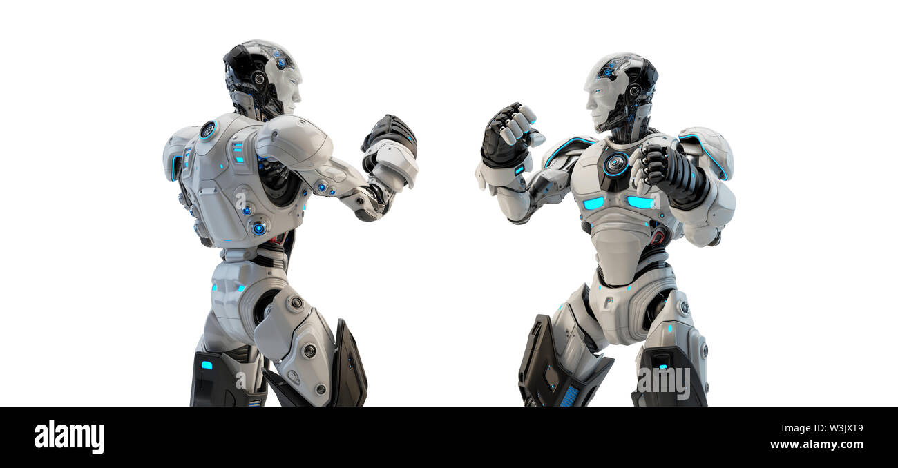 Deux boxeurs robotique de la formation et de la boxe, le rendu 3D Banque D'Images