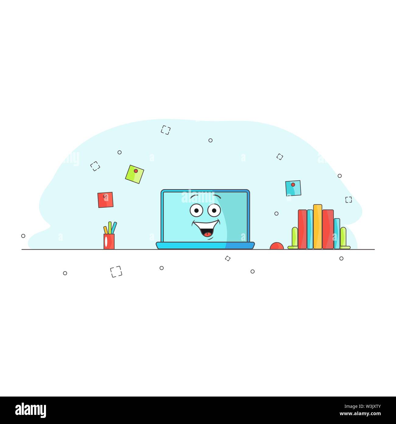 Ordinateur réparé. Funny cartoon caractère calculateur se réjouit et rit. Espace de travail. De l'aide. Vector illustration pour blog, site web, bannière. Fond bleu. Matériel de bureau. Thumbs up. Ordinateur portable émotionnelle Illustration de Vecteur