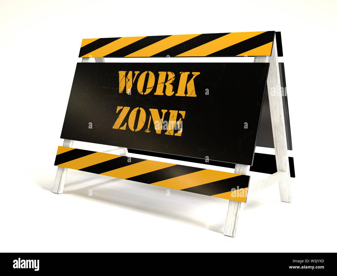 Signe de la construction routière, rayé jaune et noir barrière avec voyant et casque jaune, marqueur post isolated on white Banque D'Images