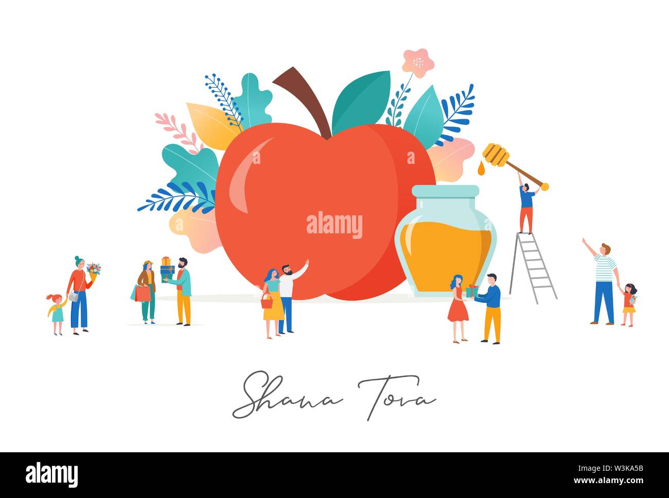 Rosh Hashana, Nouvel an juif, de scène avec une pomme, petits varios personnes, hommes, femmes et enfants de donner des cadeaux, holding flower, manger des pommes avec h Illustration de Vecteur